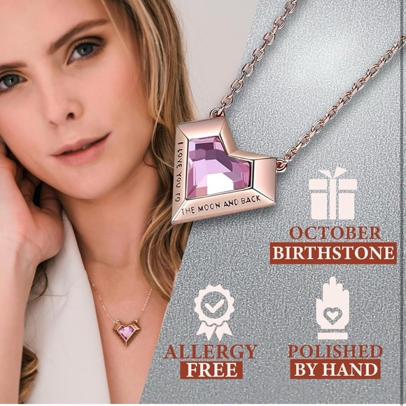 Rose Gold Pink Crystal Heart Pendant Necklace - October Birthstone - Picture 4 of 6